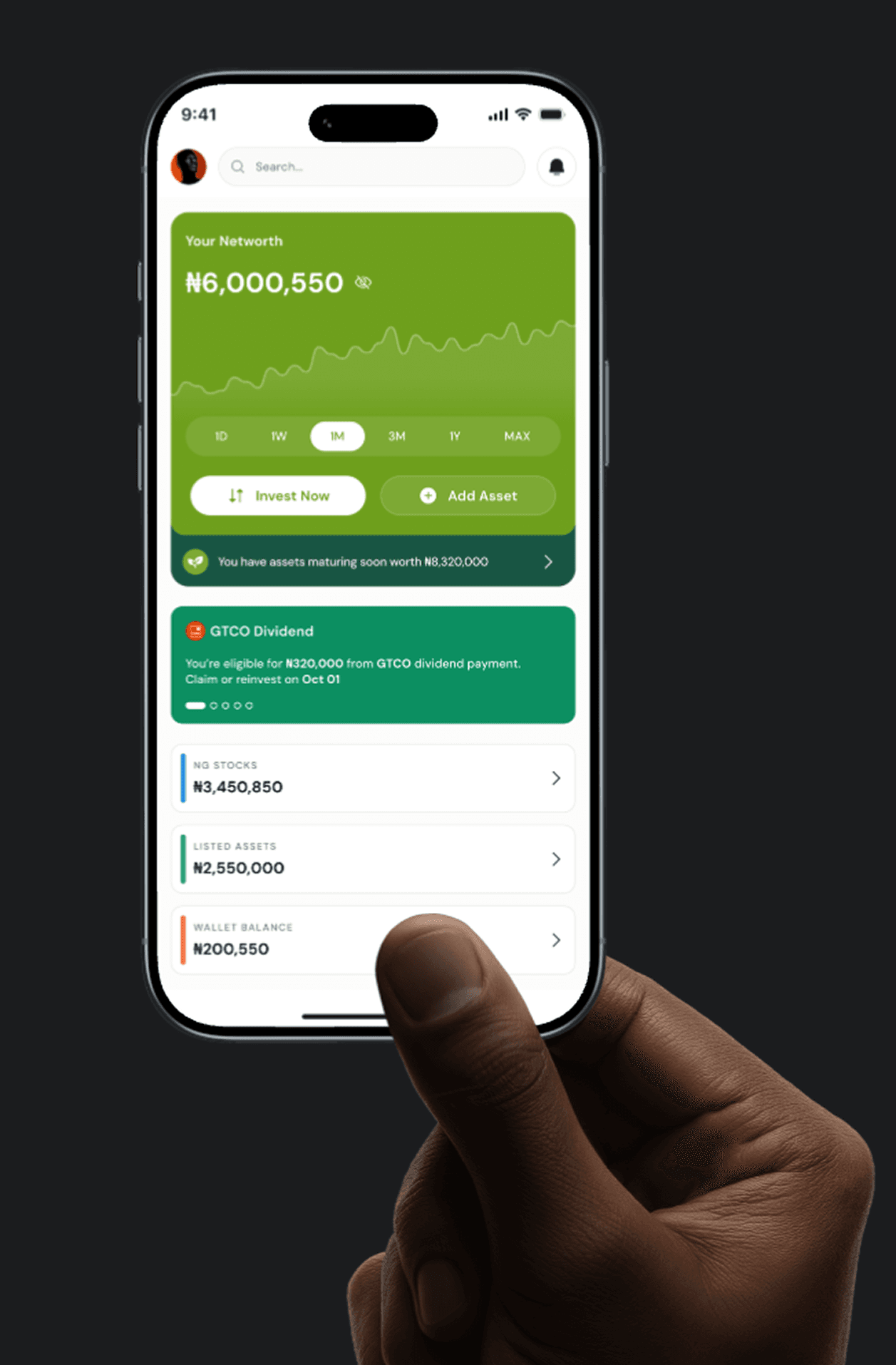 Hand holding a phone showing the eanvest app dashboard with ₦6,000,550 networth