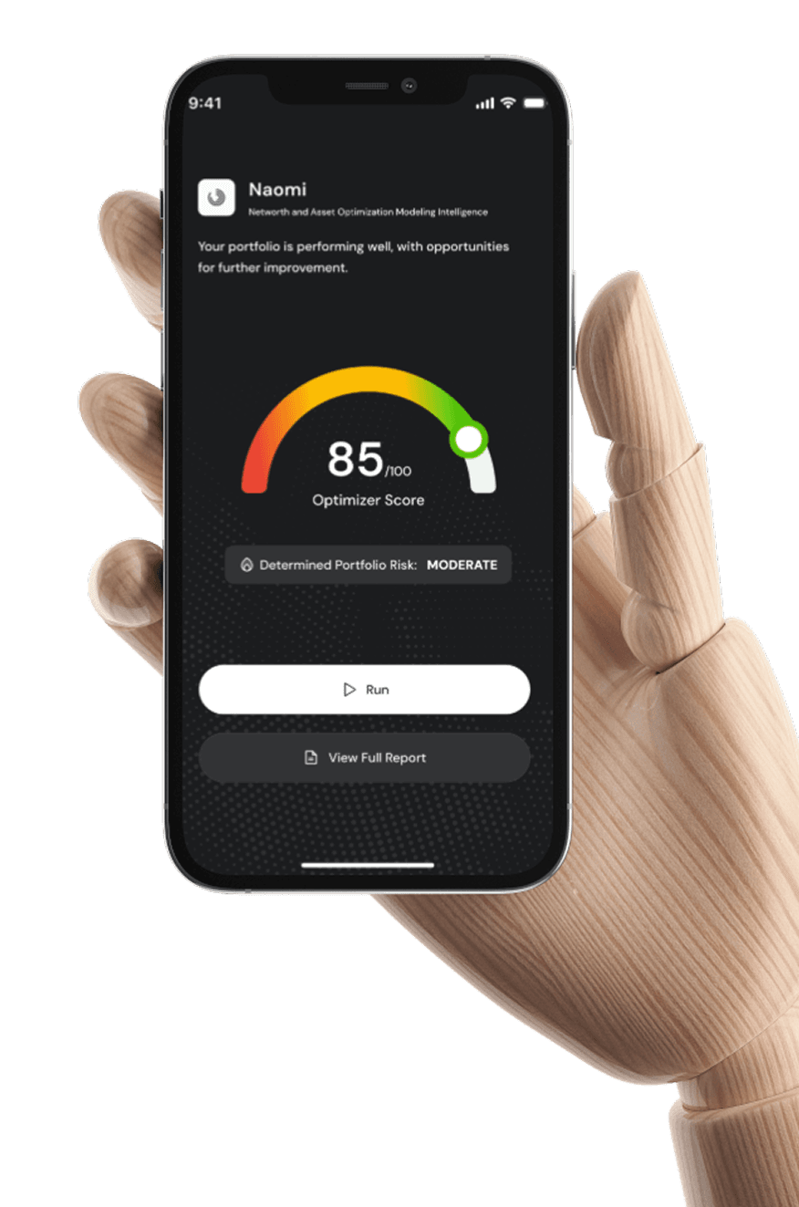 Naomi AI optimizer showing an 85/100 optimizer score with MODERATE portfolio risk