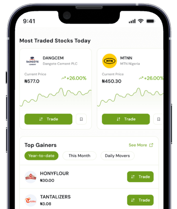 eanvest app showing the most traded Nigerian stocks today with a price chart and holdings
